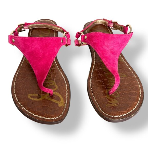 Sam Edelman Pink Greta Suede Leather Flat Thong Sandals Gold Hardware Lining Sz7 - Picture 1 of 8